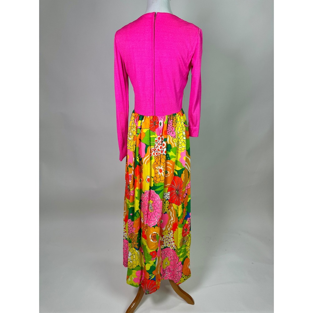 Vintage 1960s Pink Floral Maxi Dress Mod Psychedelic Long Sleeve Retro 60s - Picture 9 of 10